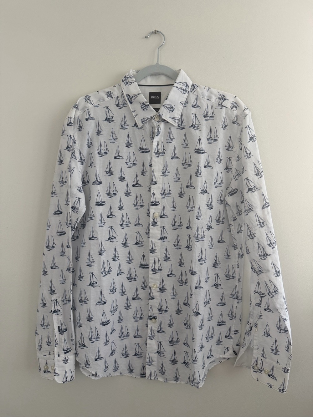 BOSS White Shirt with Navy Sailboat Print